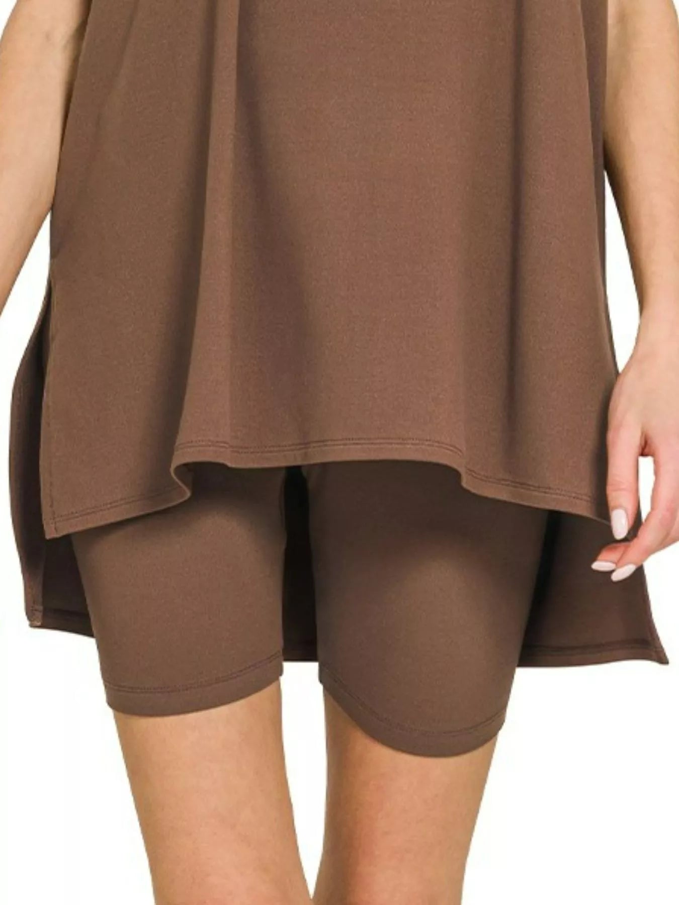 Plus size Zenana microfiber round neck top and biker shorts set in brown, featuring a soft brushed fabric for comfort.