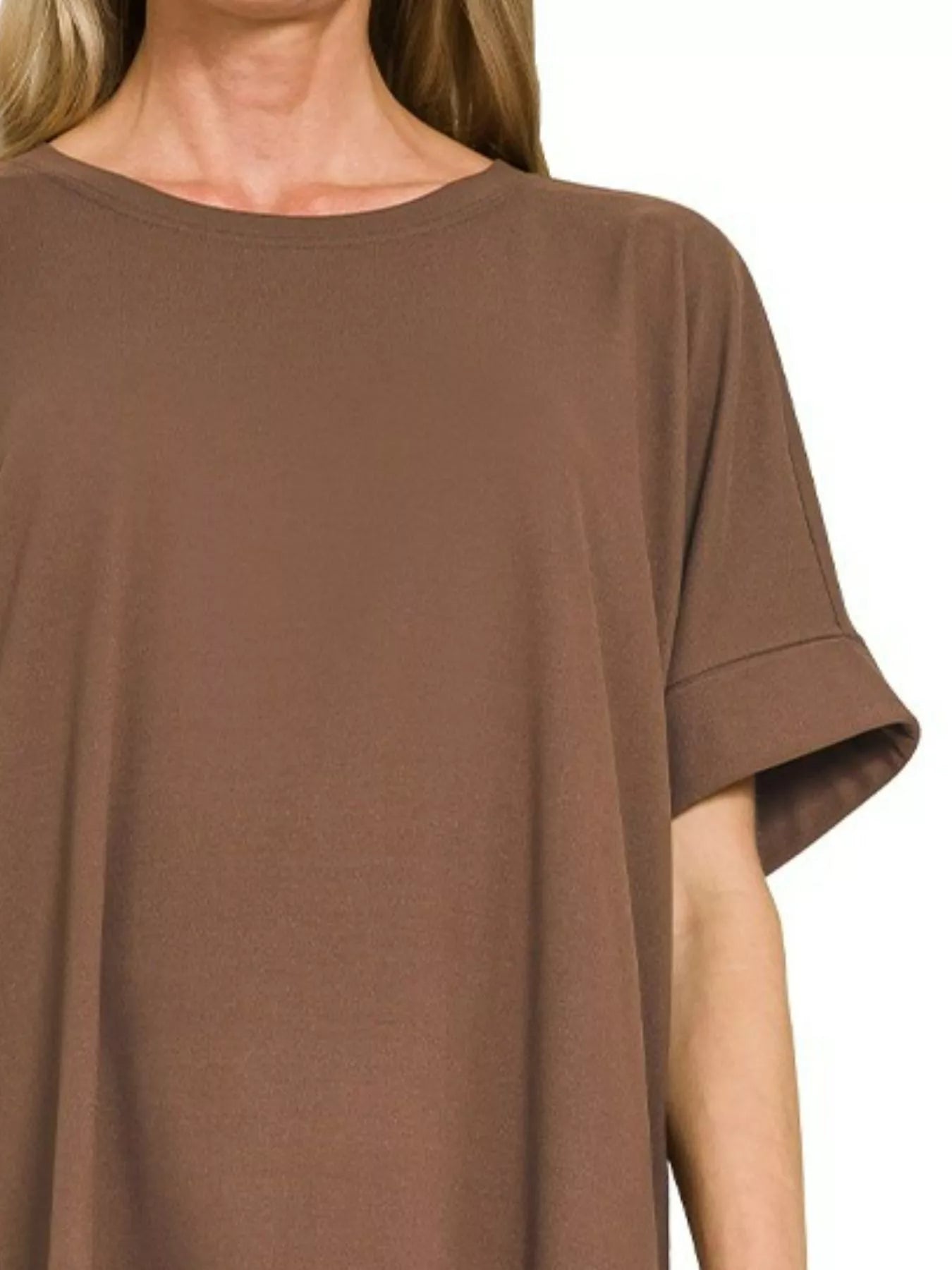 Plus size Zenana microfiber round neck top and biker shorts set in brown, featuring a comfortable, brushed fabric for casual wear