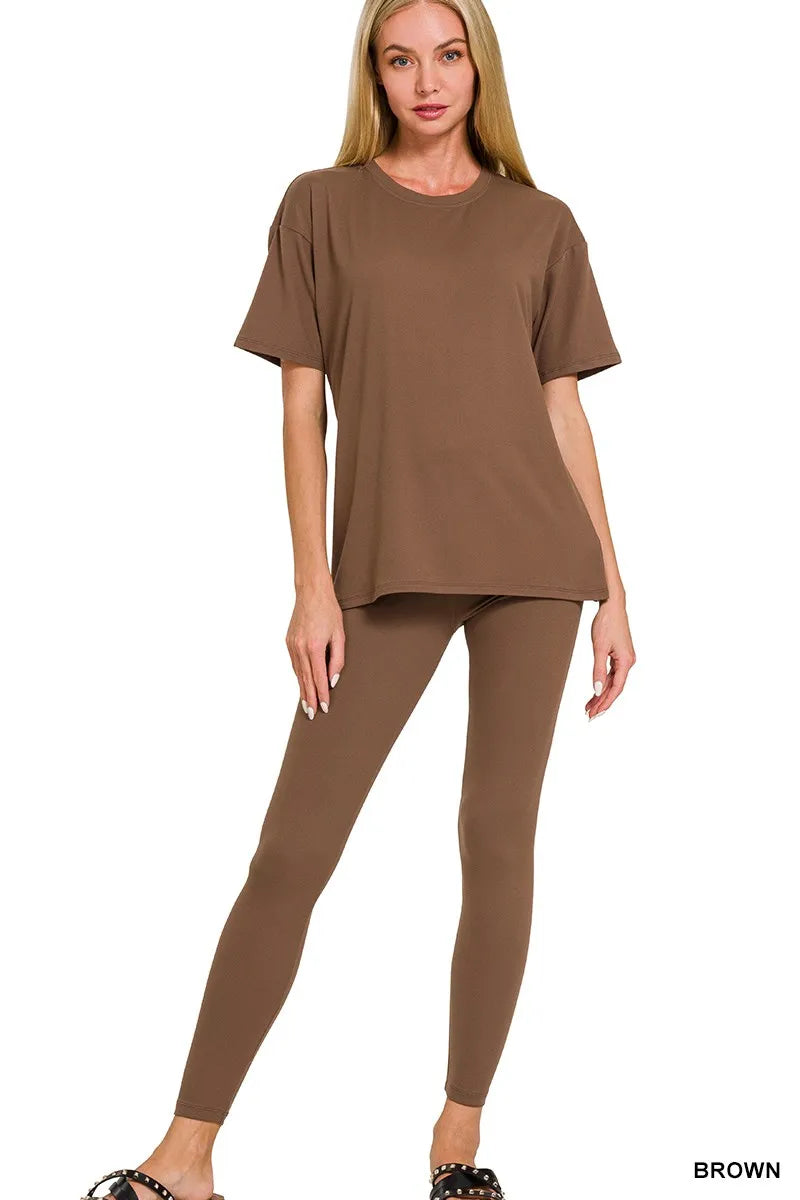 Brown Zenana plus size microfiber loungewear set with short sleeve top and matching pants, soft and comfortable for relaxed wear.