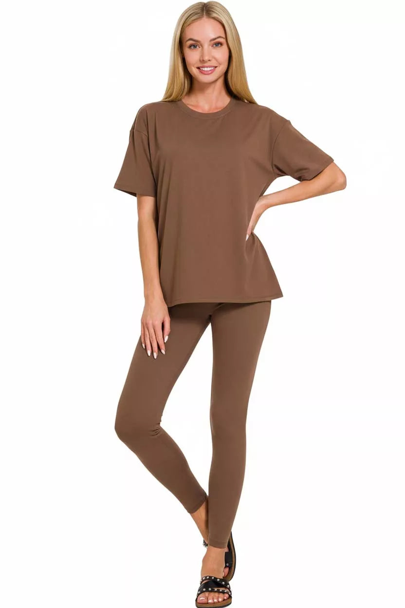 Brown Zenana plus size microfiber loungewear set with short sleeve top and matching pants, comfortable and soft for relaxed wear.