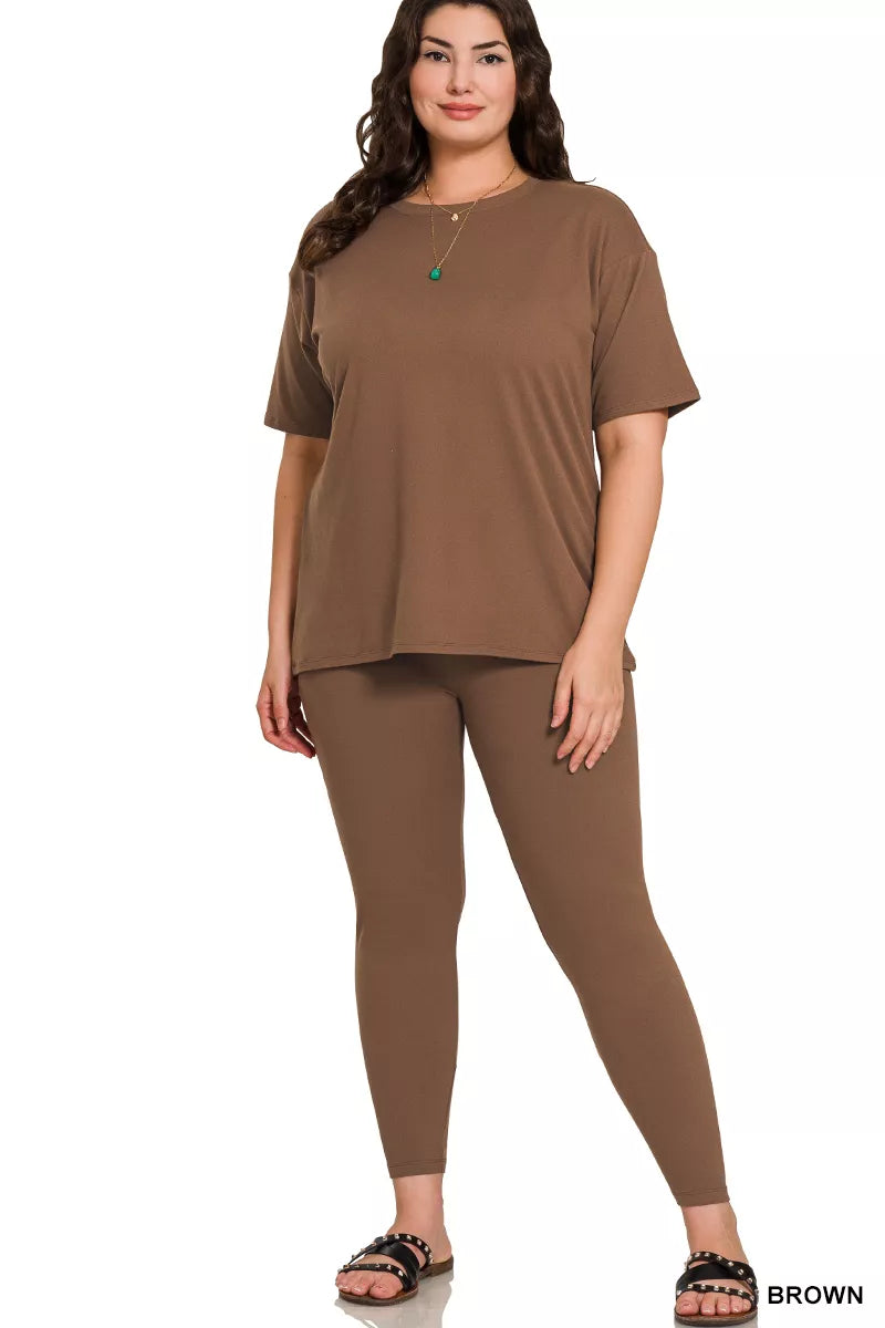 Brown Zenana plus size microfiber loungewear set with short sleeve top and matching pants, comfortable and casual indoor outfit.