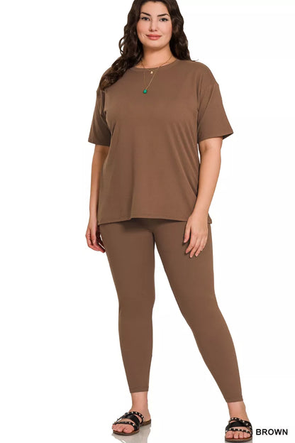 Brown Zenana plus size microfiber loungewear set with short sleeve top and matching pants, comfortable and casual indoor outfit.
