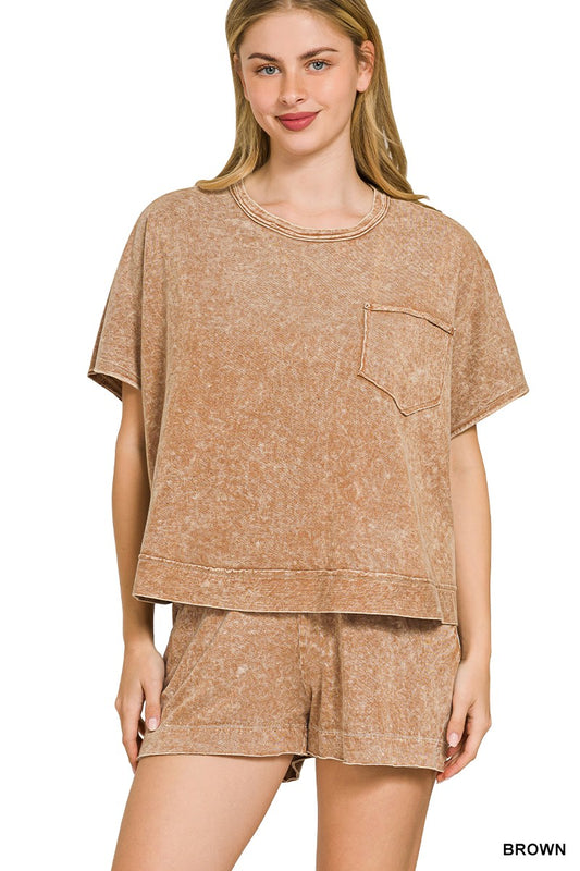 Brown Zenana Halo Snow Washed boxy top and shorts set, casual loungewear with relaxed fit and comfortable fabric.