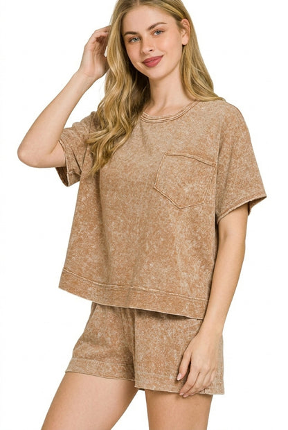 Brown Zenana Halo Snow Washed boxy top and shorts set, featuring a relaxed fit and casual style, perfect for everyday wear.