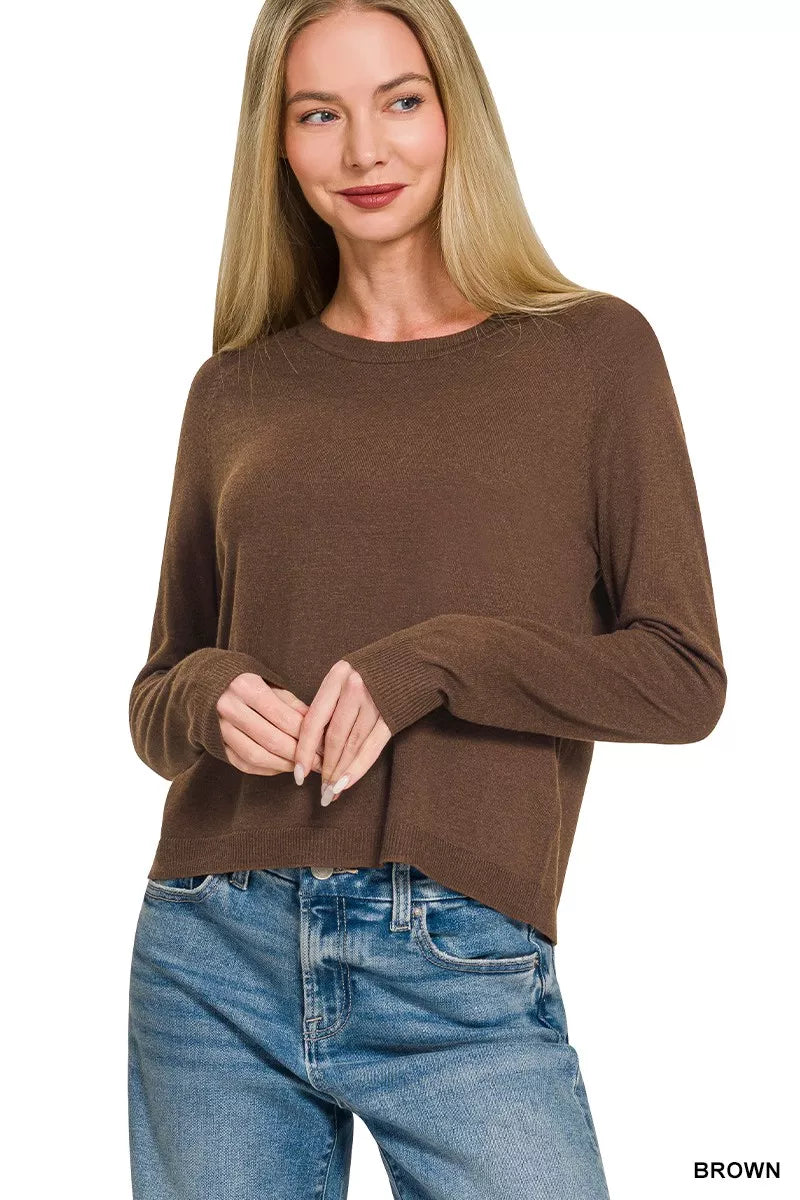 Brown Zenana lightweight wool blend round neck sweater with long sleeves and ribbed cuffs, stylish and cozy for casual wear.