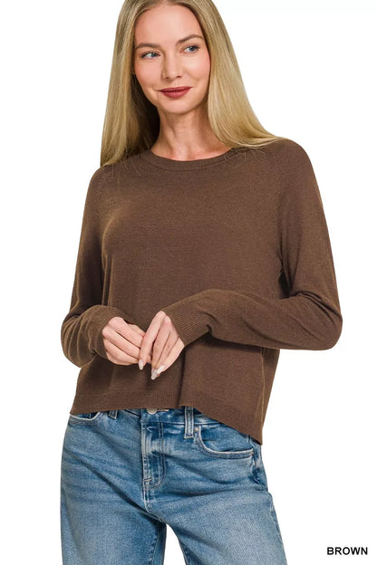 Brown Zenana lightweight wool blend round neck sweater with long sleeves and ribbed cuffs, stylish and cozy for casual wear.