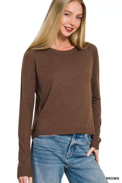 Brown Zenana lightweight wool blend round neck sweater with long sleeves, casual and cozy for everyday wear.