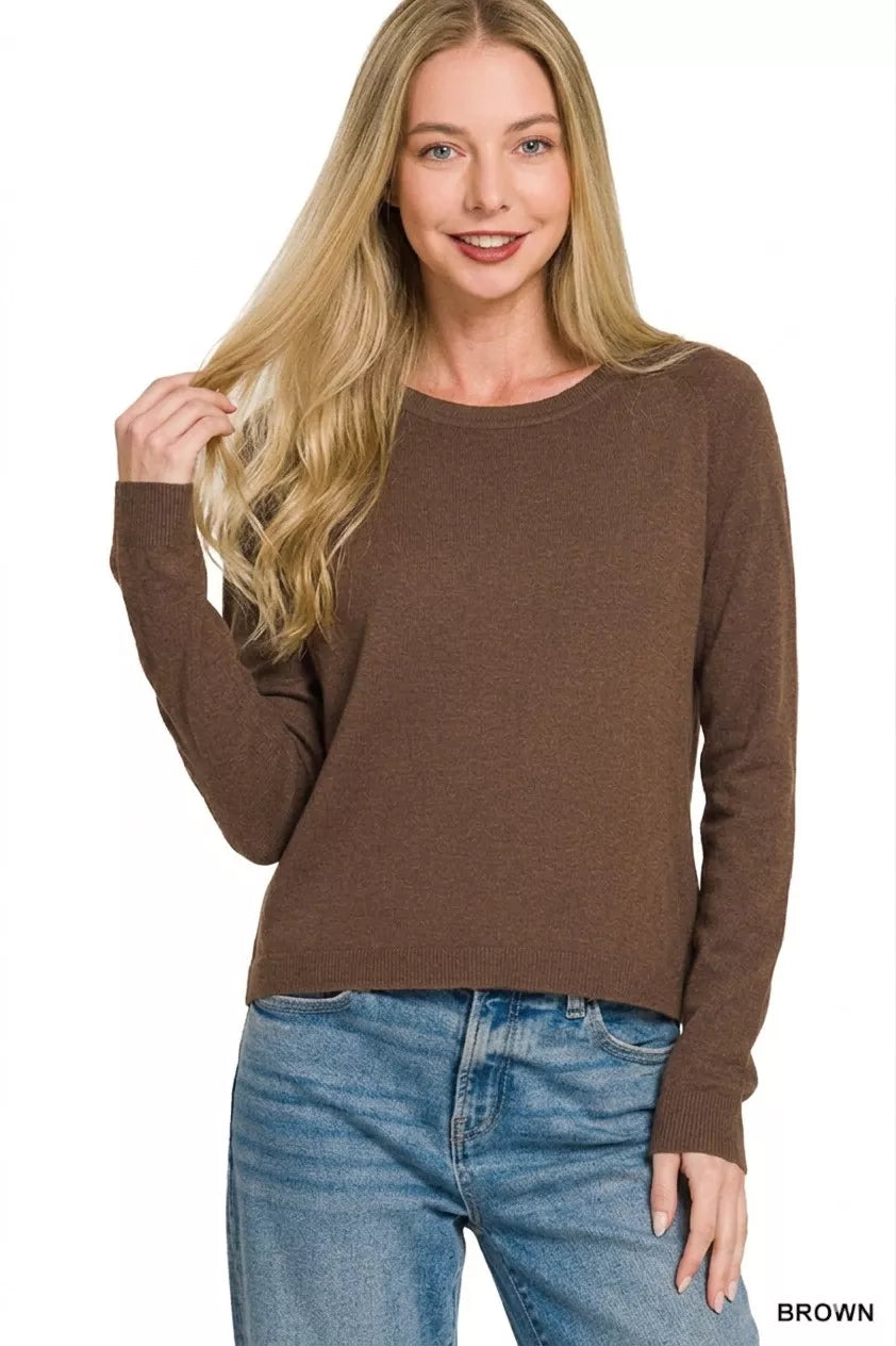 Brown Zenana lightweight wool blend round neck sweater with long sleeves, casual and cozy for everyday wear.