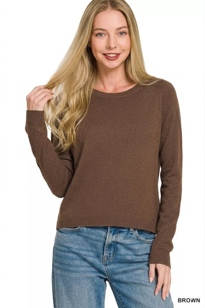 Brown Zenana lightweight wool blend round neck sweater with long sleeves, casual and cozy for everyday wear.