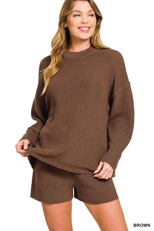 Trendsi Zenana brown knit top and shorts sweater set with round neck, cozy and stylish casual loungewear.