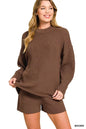 Trendsi Zenana brown knit top and shorts sweater set with round neck, cozy and stylish casual loungewear.