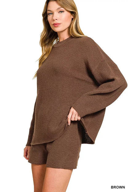 Brown Zenana knit top and shorts sweater set with round neck, casual style, perfect for comfortable everyday wear.