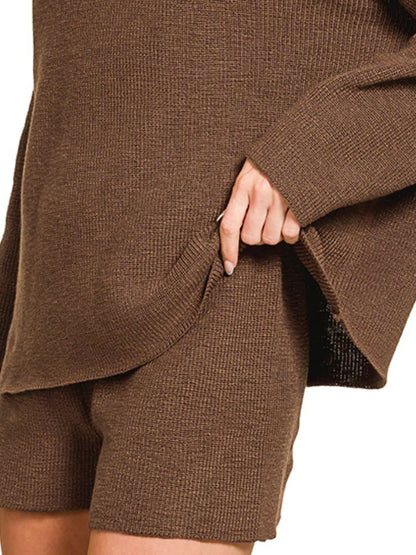 Brown Zenana knit top and shorts sweater set with a round neck, casual and comfortable for everyday wear.