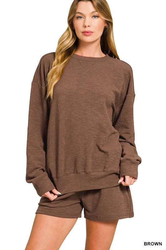 Brown Zenana Slub Long Sleeve Top and Shorts Set by Trendsi, featuring a cozy, casual matching loungewear set with textured fabric.