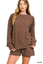 Brown Zenana Slub Long Sleeve Top and Shorts Set by Trendsi, featuring a cozy, casual matching loungewear set with textured fabric.