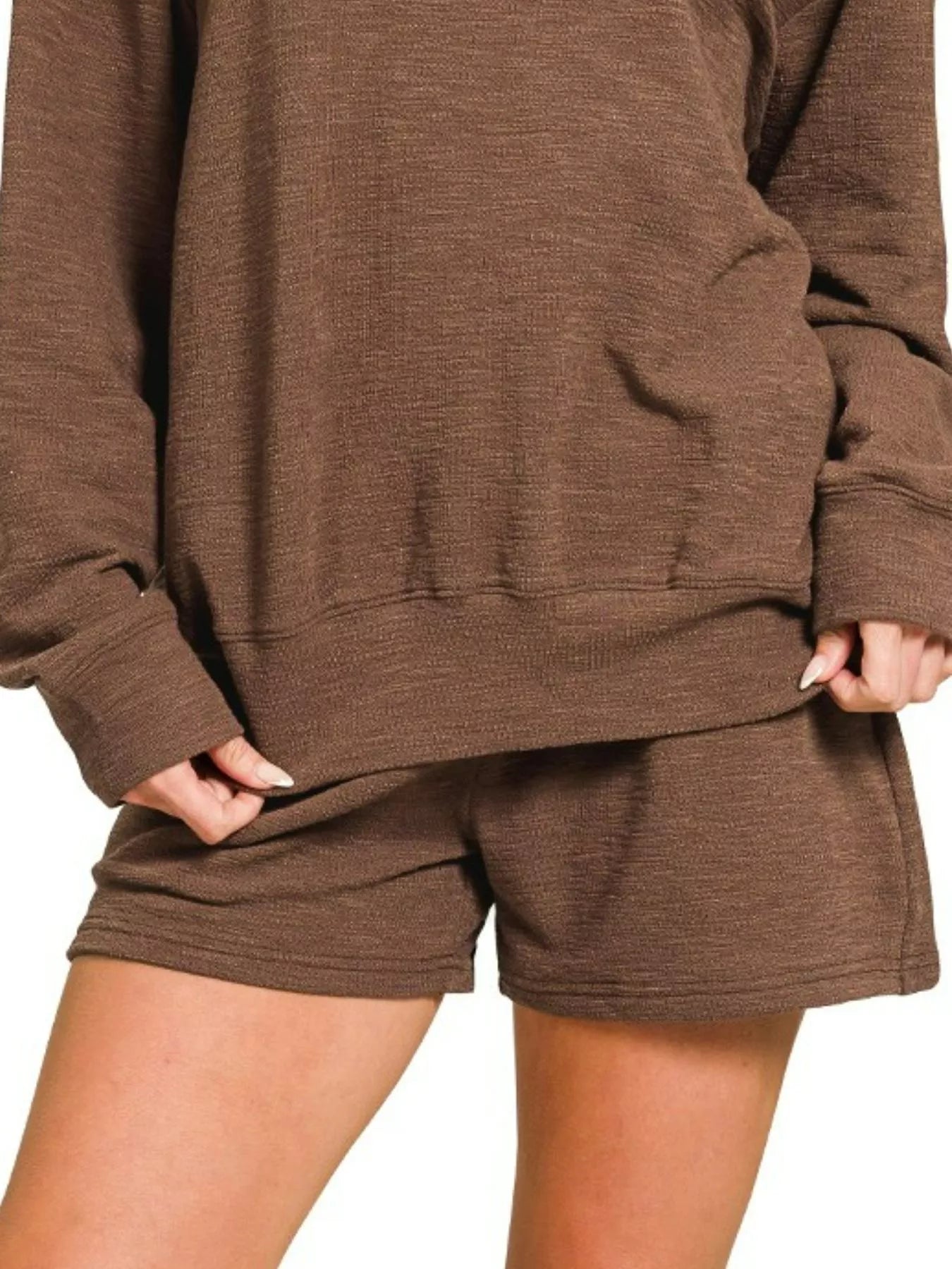 Brown Zenana slub long sleeve top and matching shorts set, casual loungewear, soft fabric, relaxed fit, stylish and comfortable.