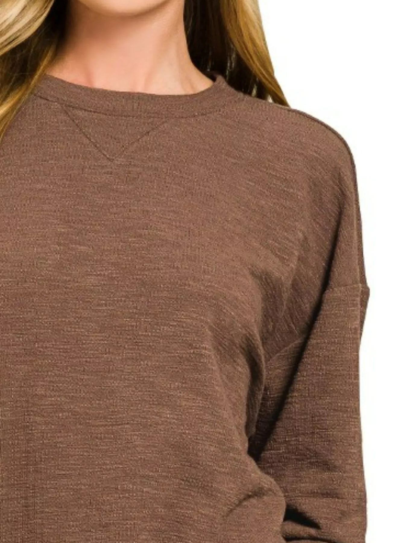 Brown Zenana slub long sleeve top and shorts set, casual loungewear with comfortable fabric and relaxed fit.