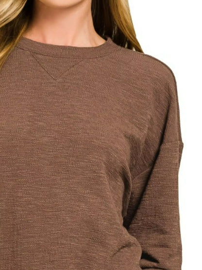 Brown Zenana slub long sleeve top and shorts set, casual loungewear with comfortable fabric and relaxed fit.