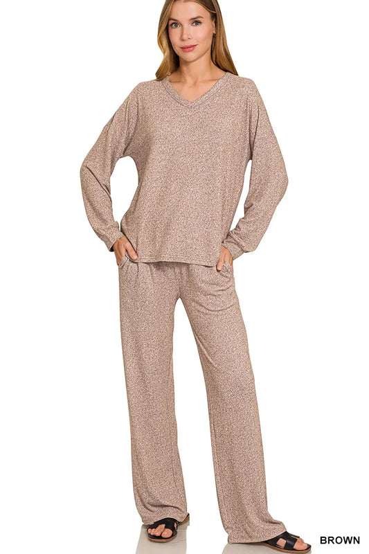 Brown Zenana soft melange long sleeve tee and pants set, stylish loungewear with comfortable fabric and relaxed fit.