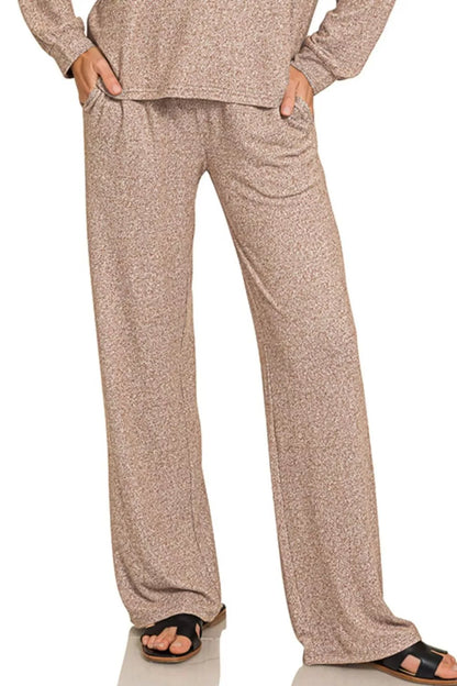 Brown Zenana soft melange long sleeve tee and pants set featuring a comfortable, casual loungewear look.