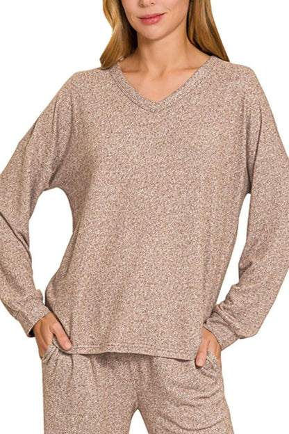 Brown Zenana soft melange long sleeve tee and pants set, comfortable loungewear with a relaxed fit and casual style.