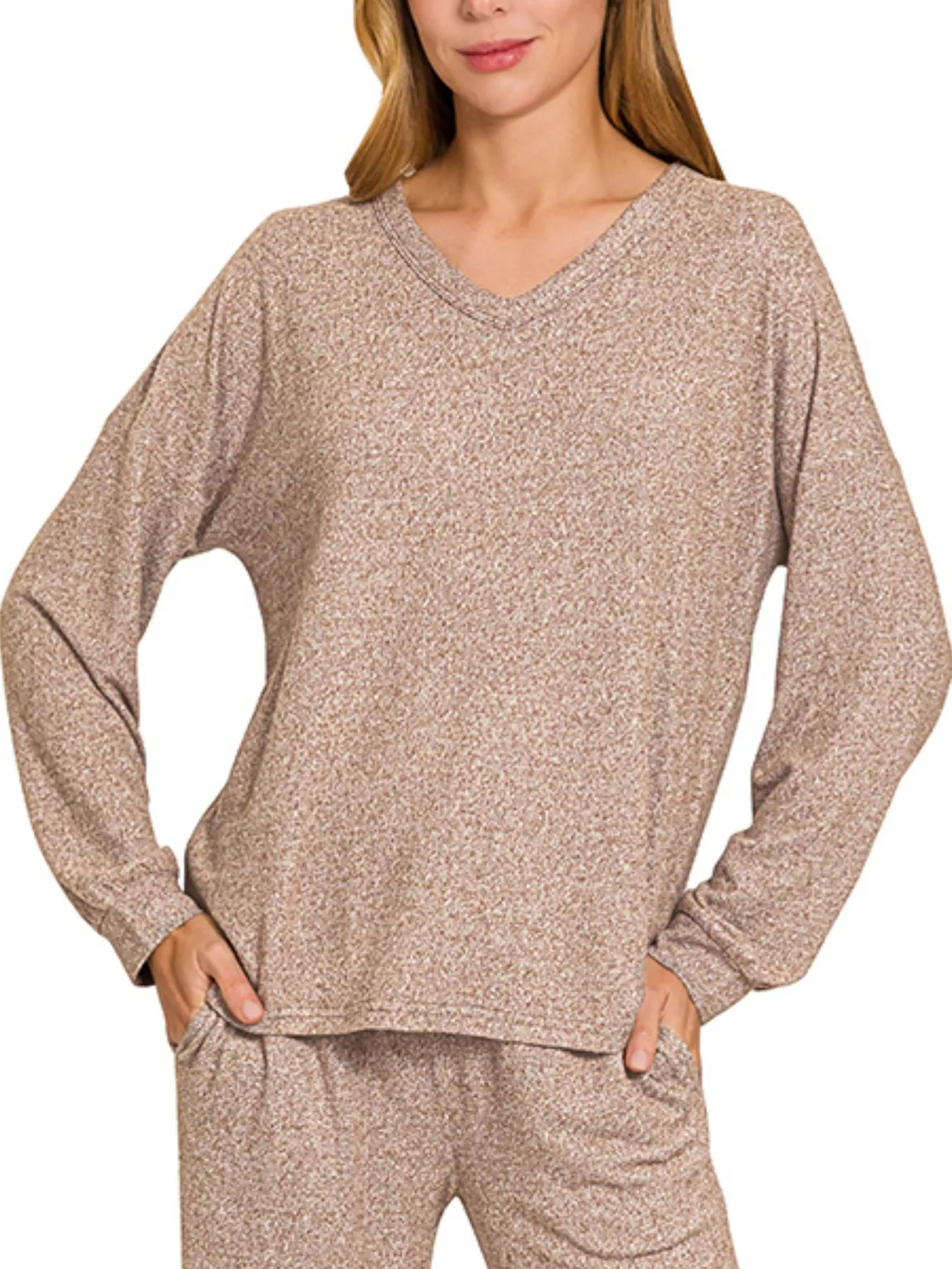 Brown Zenana soft melange long sleeve tee and pants set featuring a comfortable, casual loungewear style.
