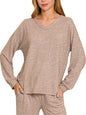 Brown Zenana soft melange long sleeve tee and pants set featuring a comfortable, casual loungewear style.