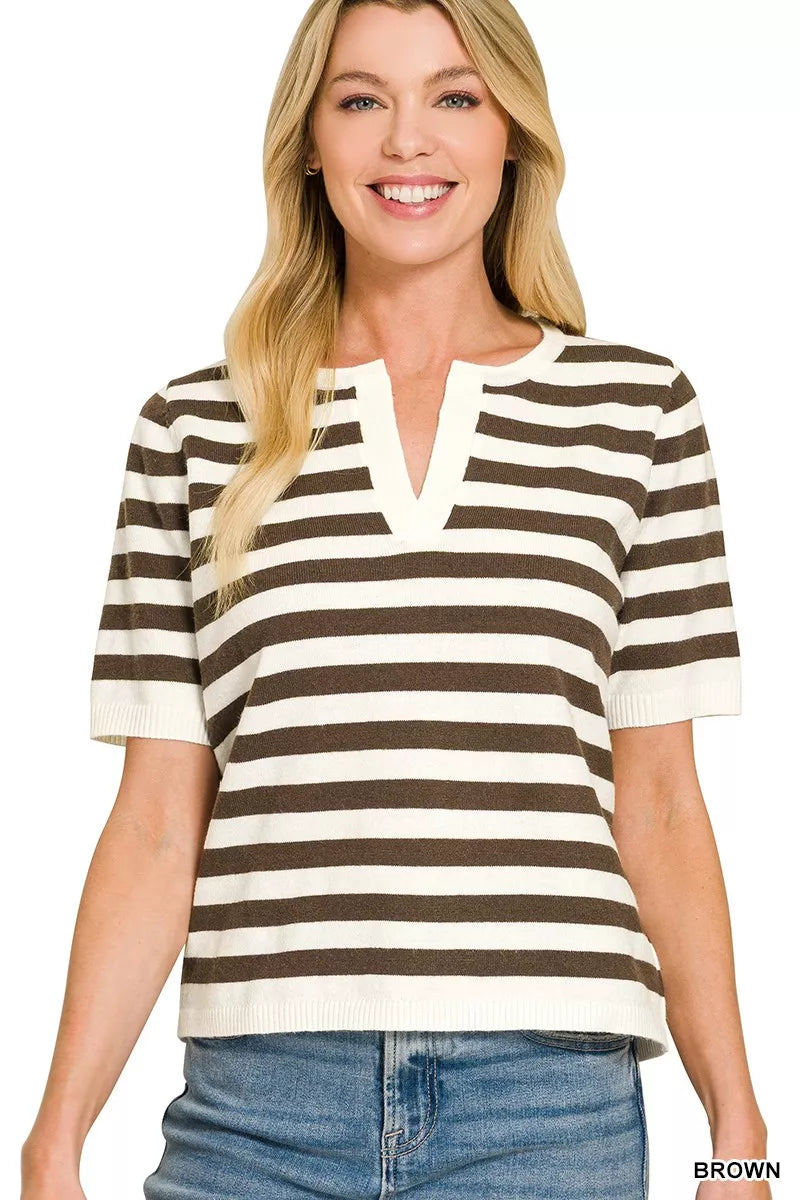 Brown Zenana split neck stripe short sleeve sweater with a relaxed fit, featuring horizontal stripes and a stylish neckline.
