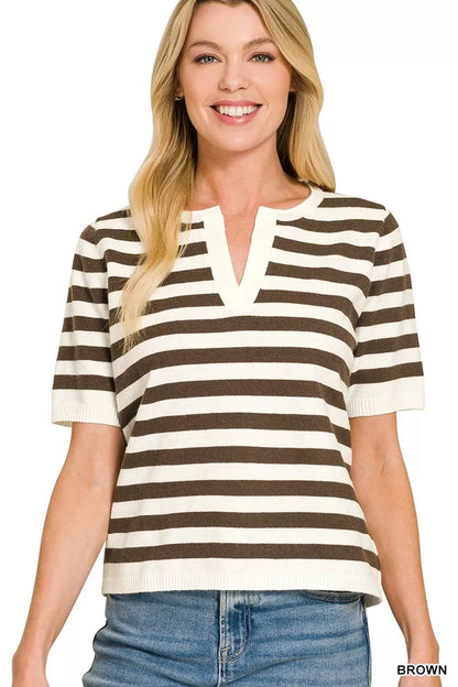 Brown Zenana split neck stripe short sleeve sweater with a relaxed fit, featuring horizontal stripes and a stylish neckline.