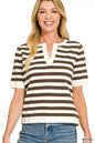 Brown Zenana split neck stripe short sleeve sweater with a relaxed fit, featuring horizontal stripes and a stylish neckline.