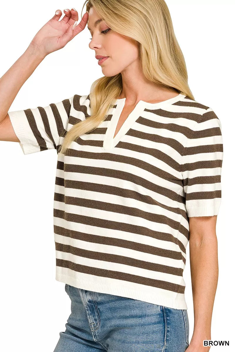 Brown Zenana split neck stripe short sleeve sweater with a relaxed fit, casual style, and trendy design.