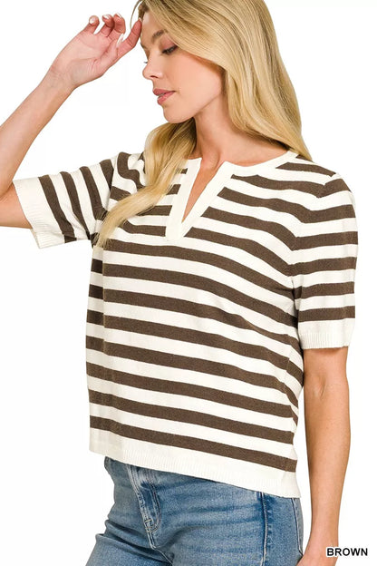 Brown Zenana split neck stripe short sleeve sweater with a relaxed fit, casual style, and trendy design.