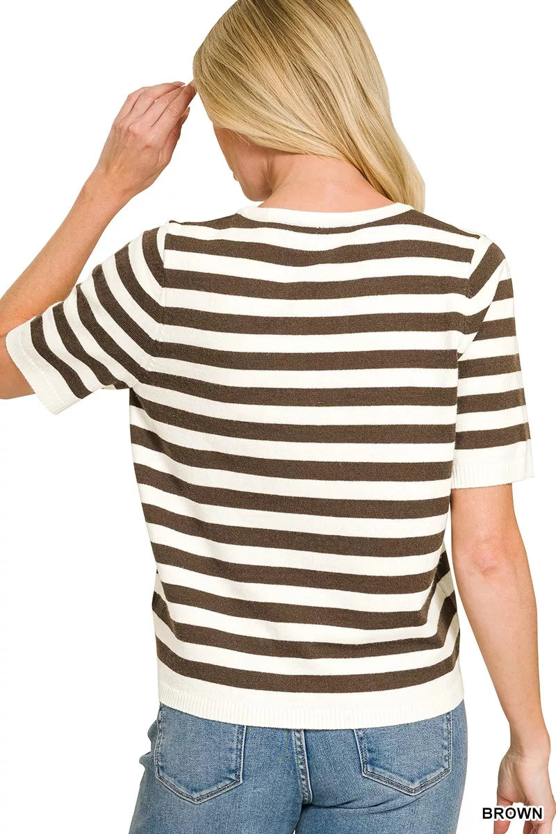 Brown Zenana split neck stripe short sleeve sweater with a relaxed fit and casual style, perfect for everyday wear.