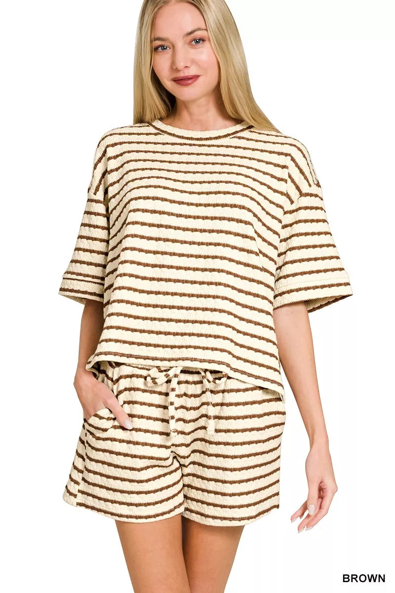 Brown Zenana striped short sleeve tee and matching shorts set from Trendsi, casual and comfortable for everyday wear.