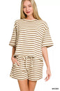 Brown Zenana striped short sleeve tee and matching shorts set from Trendsi, casual and comfortable for everyday wear.