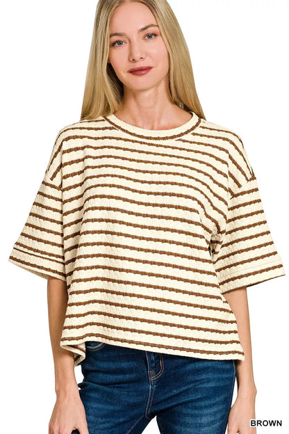 Brown Zenana striped short sleeve tee and matching shorts set for women, casual summer outfit.