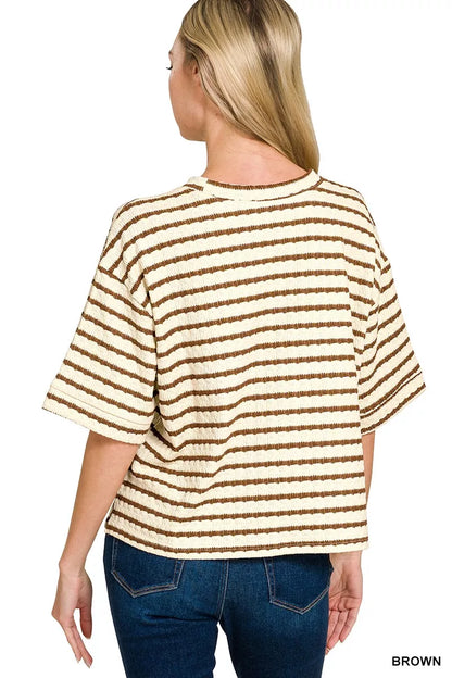 Brown Zenana striped short sleeve tee and matching shorts set by Trendsi, casual summer loungewear with a relaxed fit.
