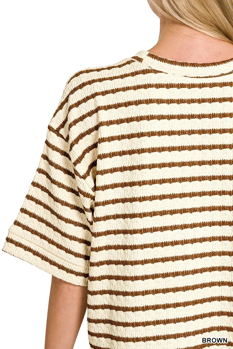 Brown Zenana striped short sleeve tee and matching shorts set, casual summer outfit for women.