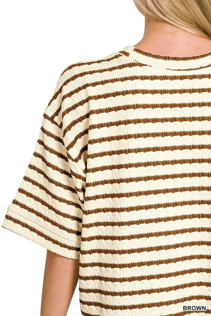 Brown Zenana striped short sleeve tee and matching shorts set, casual summer outfit for women.