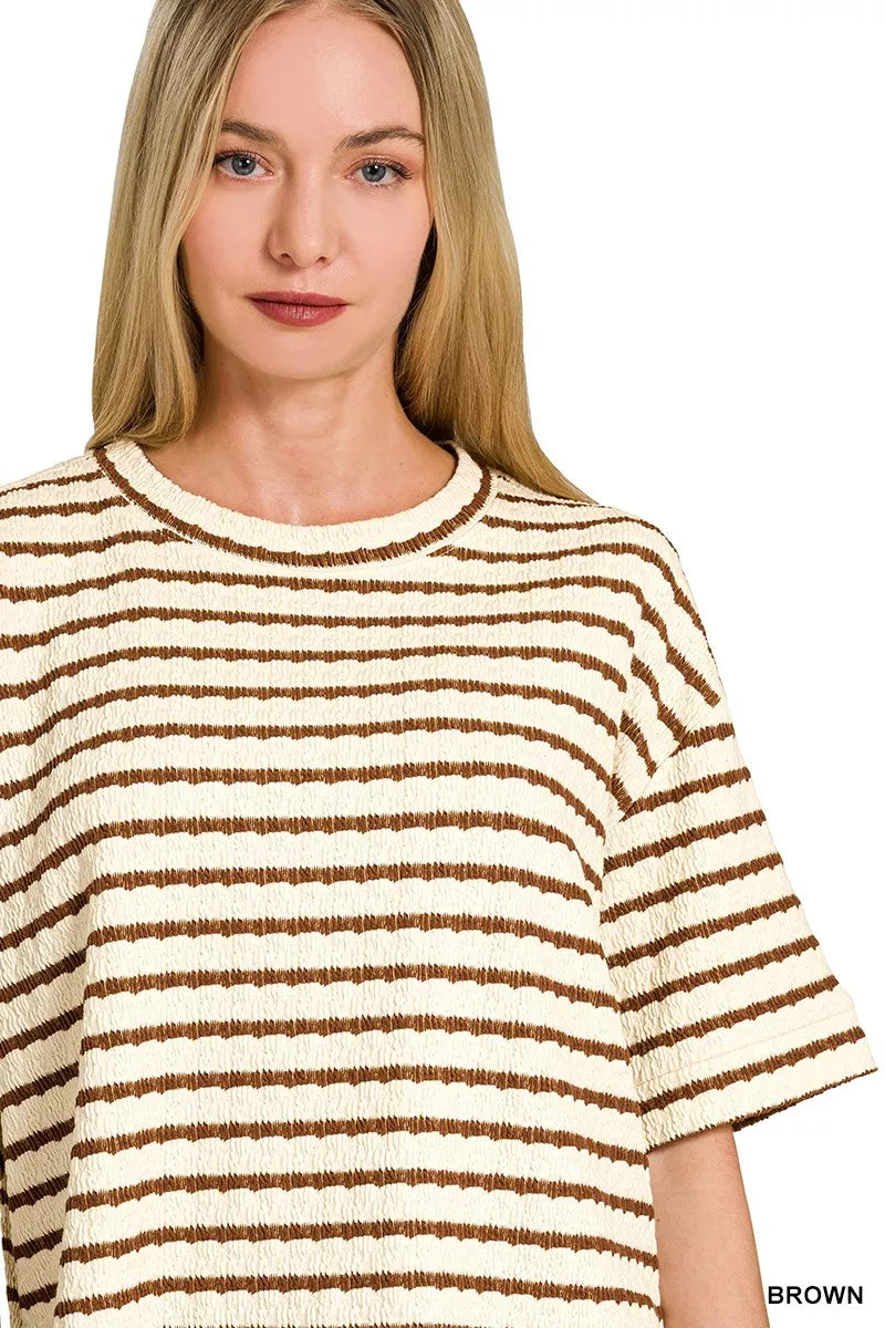 Brown Zenana striped short sleeve tee and shorts set, casual summer outfit with relaxed fit and comfortable fabric.