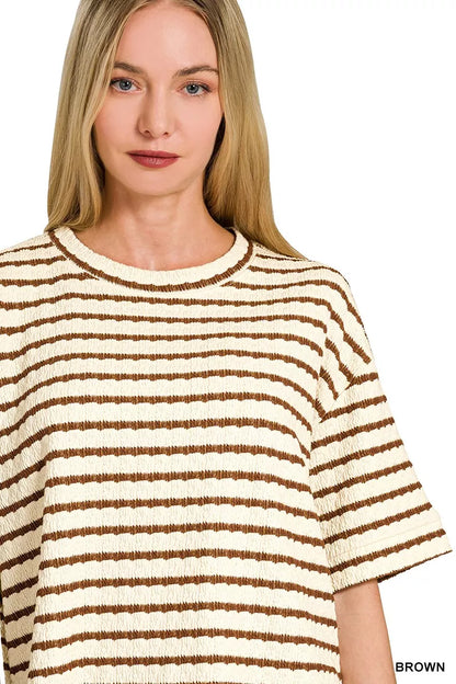 Brown Zenana striped short sleeve tee and shorts set, casual summer outfit with relaxed fit and comfortable fabric.