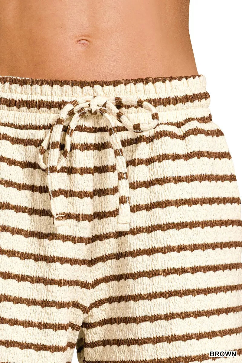 Brown Zenana striped short sleeve tee and matching shorts set, casual summer outfit for women.