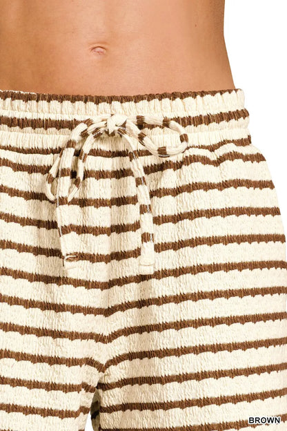 Brown Zenana striped short sleeve tee and matching shorts set, casual summer outfit for women.