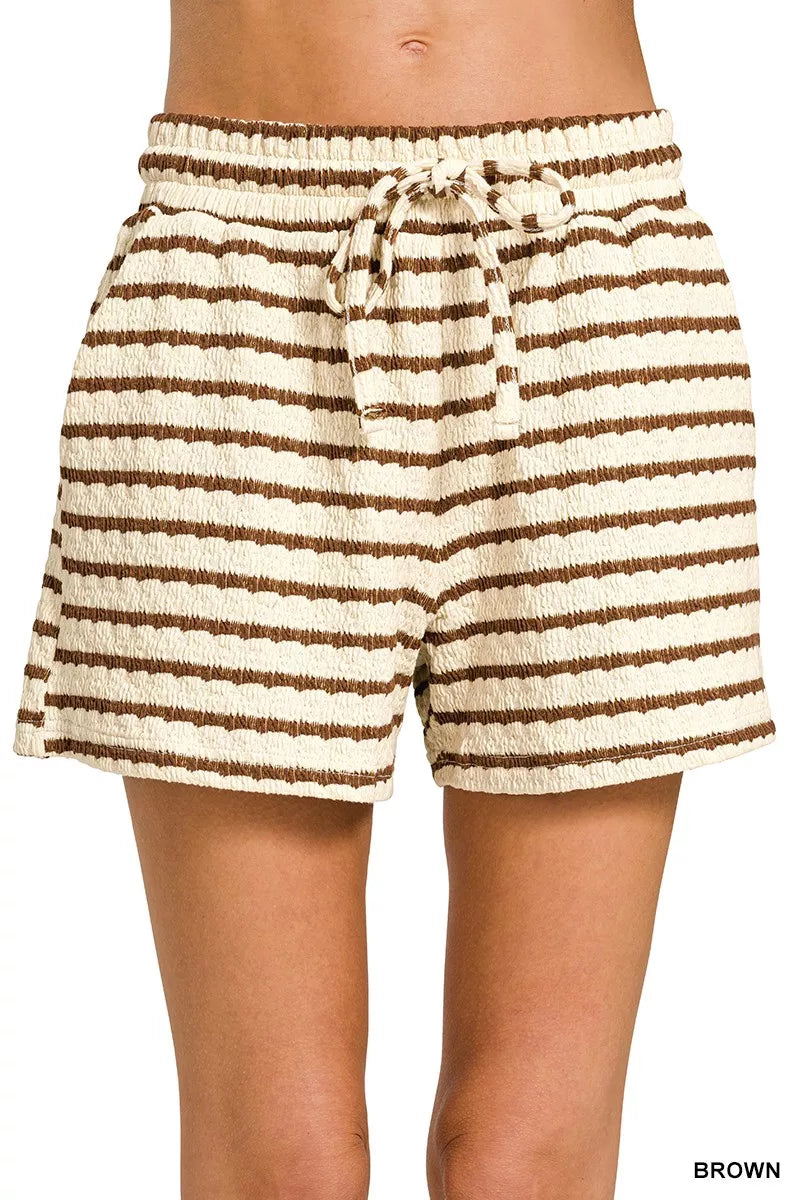 Brown Zenana striped short sleeve tee and matching shorts set from Trendsi, casual summer outfit with breathable fabric.
