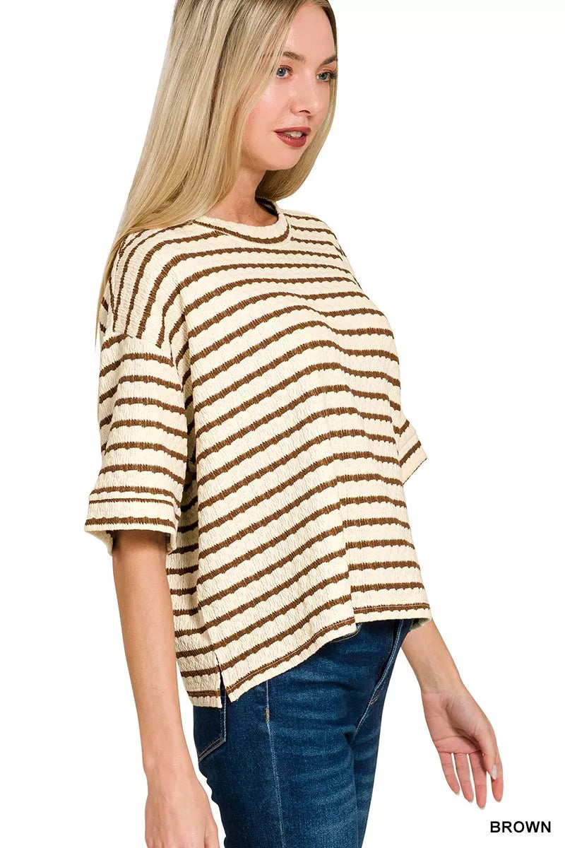 Brown Zenana striped short sleeve tee and matching shorts set, casual summer loungewear by Trendsi.