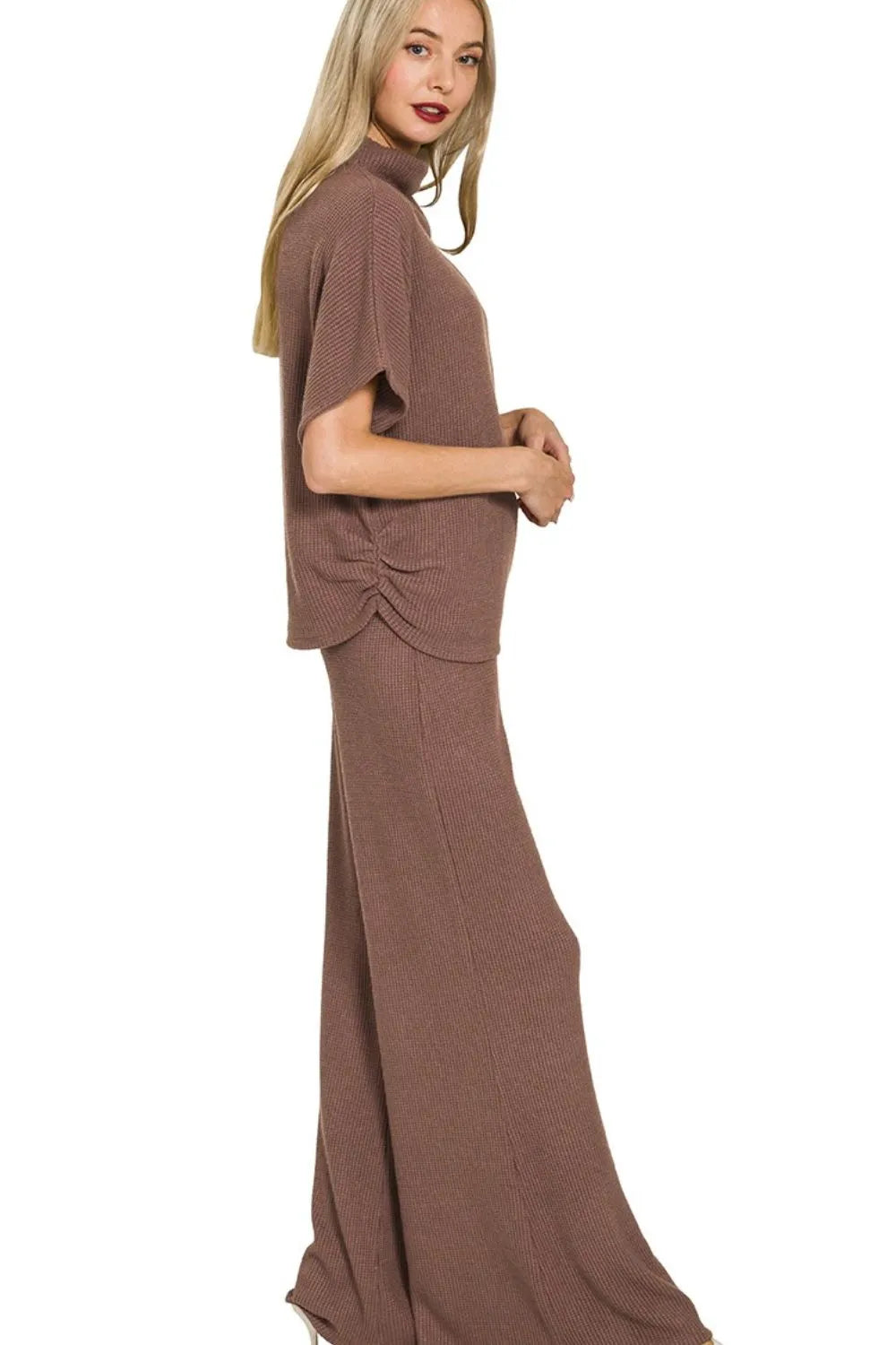 Brown Zenana sweater mock neck top and long pants set by Trendsi, featuring a cozy knit design and comfortable fit.