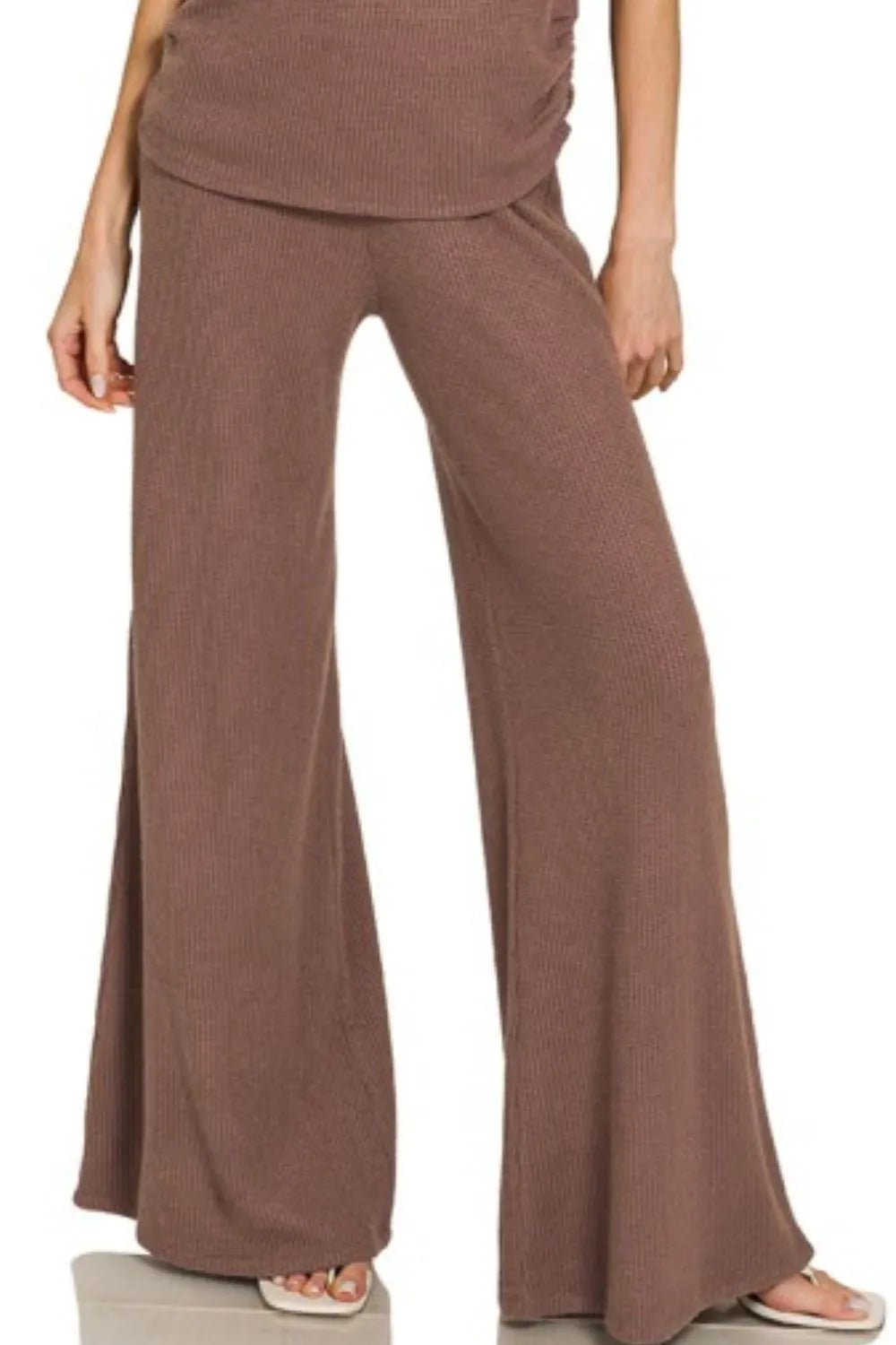 Trendsi Zenana brown sweater mock neck top with matching long pants set, casual and cozy women's loungewear outfit.