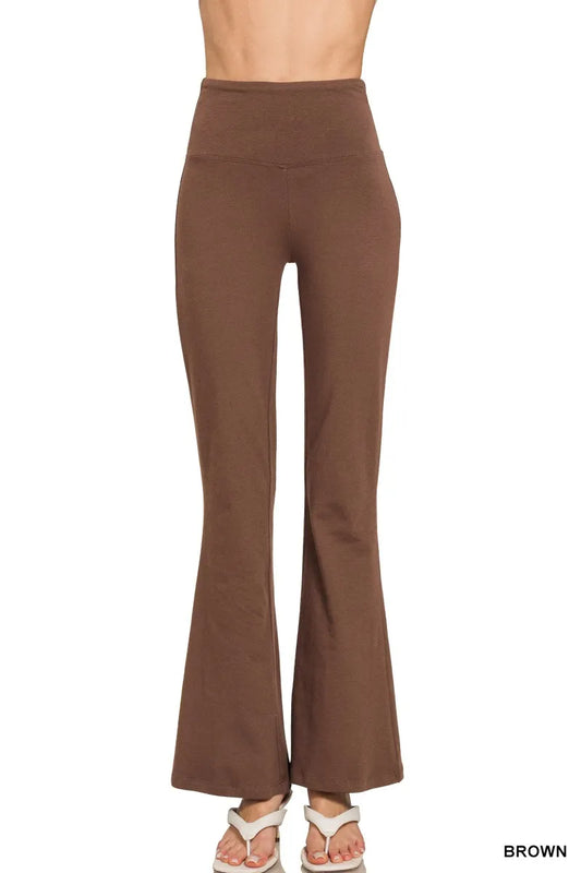 Brown Zenana wide waistband yoga flare pants with a relaxed fit, designed for comfort and style during yoga or casual wear.