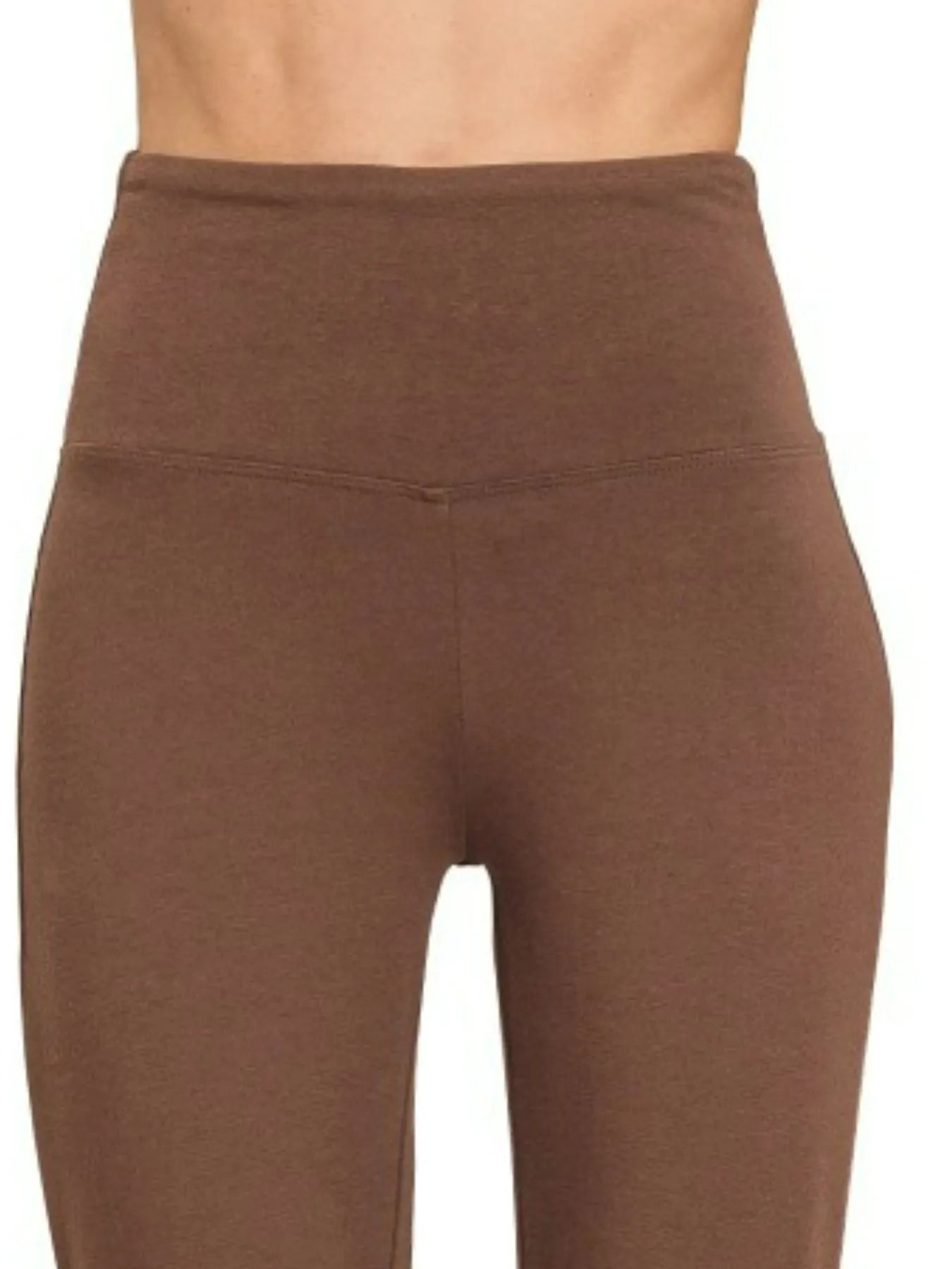 Brown Zenana wide waistband yoga flare pants with a relaxed fit and flared leg, perfect for comfortable activewear or casual wear.