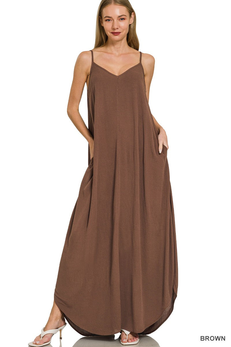 Brown Zenana woven crinkle cami maxi dress with side pockets, featuring a flowy silhouette and comfortable straps.